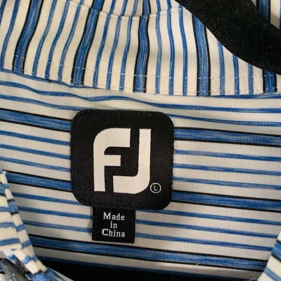 FootJoy Golf Polo Shirt Men's Large White Blue Striped Short Sleeve 1/4 Button - Picture 2 of 7